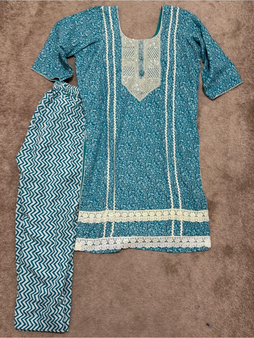 2 Piece Pakistani Printed Kurta & Trouser with Lace Trim